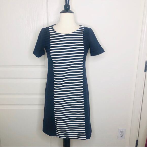 J Crew Stripe Knit Shift Dress Navy Blue Ivory Cream exposed zipper - Picture 5 of 8